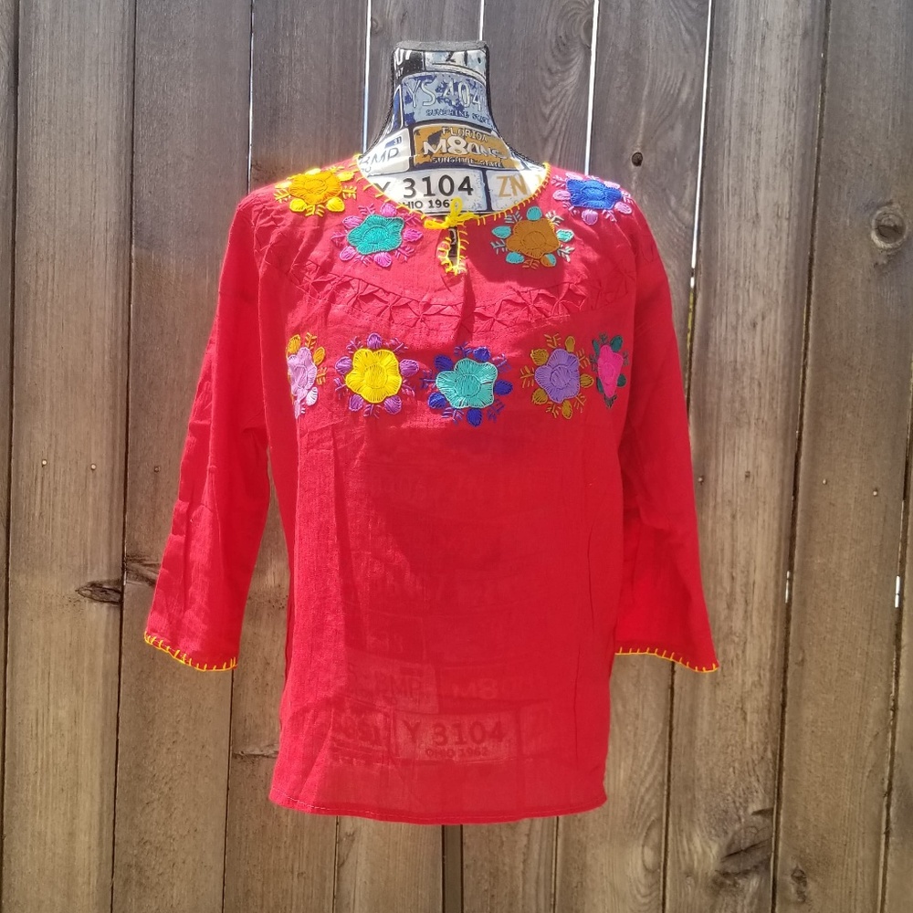Mexican Red Hand-Embroidered Blouse with Flowers